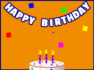 Happy Birthday GIF:A candy cake on orange with blue border & falling hearts