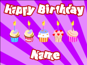 Happy Birthday GIF:Cupcakes for Birthday,purple sunburst background,white & red text