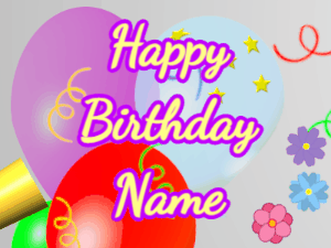 Happy Birthday GIF:Horn, hearts, balloon, cursive, yellow, purple