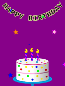 Happy Birthday GIF:Birthday GIF,candy cake,purple background,hearts & stars