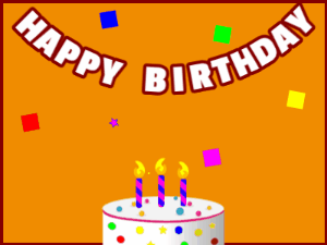 Happy Birthday GIF:A candy cake on orange with red border & falling hearts