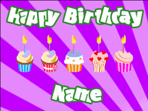 Happy Birthday GIF:Cupcakes for Birthday,purple sunburst background,white & green text