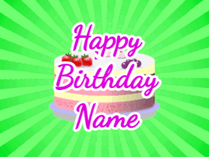 Happy Birthday GIF:green sunburst,fruity cake, purple text