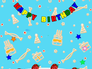 Happy Birthday GIF:cream Cake, flying flares on a blue decor background