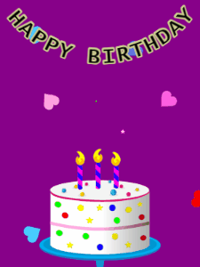 Happy Birthday GIF:Birthday GIF,candy cake,purple background,hearts & hearts