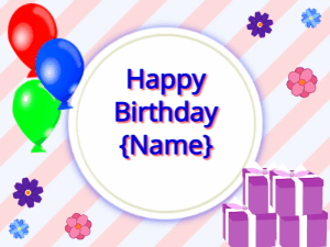 Happy Birthday GIF:mix colors Balloons, purple gift boxes, blue text