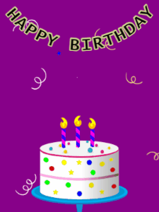 Happy Birthday GIF:Birthday GIF,candy cake,purple background,stars & confetti