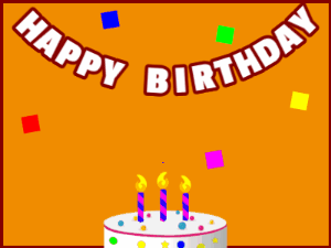 Happy Birthday GIF:A candy cake on orange with red border & falling stars