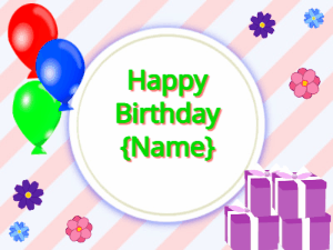 Happy Birthday GIF:mix colors Balloons, purple gift boxes, green text