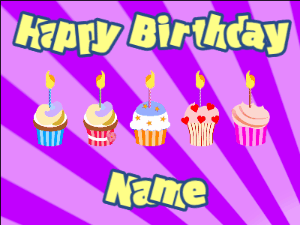 Happy Birthday GIF:Cupcakes for Birthday,purple sunburst background,beige & navy text