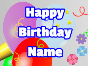 Happy Birthday GIF:Horn, hearts, balloon, block, white, blue
