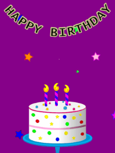 Happy Birthday GIF:Birthday GIF,candy cake,purple background,stars & stars