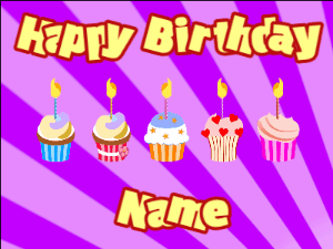 Happy Birthday GIF:Cupcakes for Birthday,purple sunburst background,beige & red text