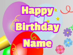 Happy Birthday GIF:Horn, hearts, balloon, block, yellow, purple