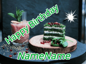 Happy Birthday GIF:Green birthday cake, sparkler, and confetti