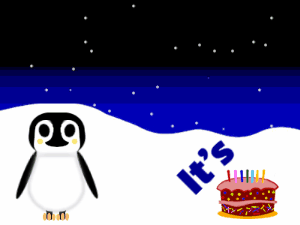 Happy Birthday GIF:Penguin: cartoon cake,yellow text,% 3 fireworks