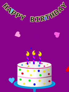 Happy Birthday GIF:Birthday GIF,candy cake,purple background,stars & hearts