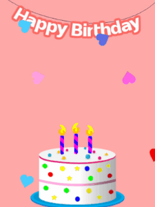 Happy Birthday GIF:Pink birthday GIF with a candy cake and stars