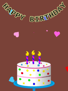 Happy Birthday GIF:Birthday GIF,candy cake,brown background,stars & hearts