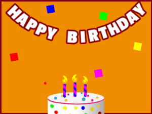 Happy Birthday GIF:A candy cake on orange with red border & falling squares