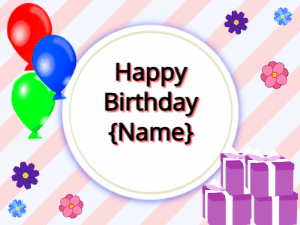 Happy Birthday GIF:mix colors Balloons, purple gift boxes, black text