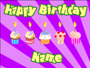 Happy Birthday GIF:Cupcakes for Birthday,purple sunburst background,beige & green text