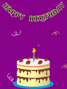 Happy Birthday GIF:Birthday GIF,cream cake,purple background,hearts & confetti