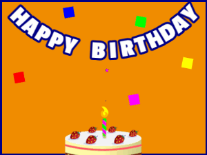 Happy Birthday GIF:A cream cake on orange with blue border & falling hearts