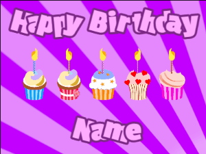 Happy Birthday GIF:Cupcakes for Birthday,purple sunburst background,purple & purple text