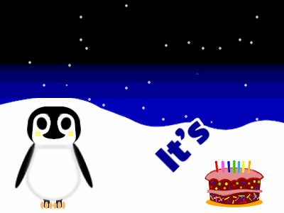 Happy Birthday, birthday-24330 @ Editable GIFs,Penguin: cartoon cake,yellow text,% 3 fireworks