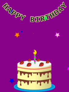 Happy Birthday GIF:Birthday GIF,cream cake,purple background,hearts & stars