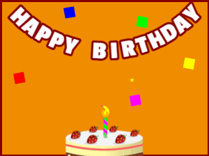 Happy Birthday GIF:A cream cake on orange with red border & falling hearts