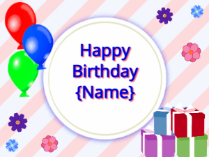 Happy Birthday GIF:mix colors Balloons, mix colors gift boxes, blue text