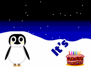 Happy Birthday GIF:Penguin: cartoon cake,yellow text,% 3 fireworks