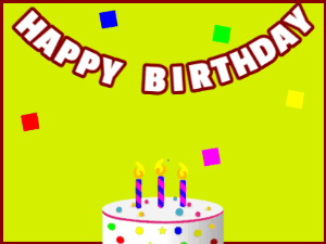 Happy Birthday GIF:A candy cake on green with red border & falling squares
