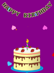 Happy Birthday GIF:Birthday GIF,cream cake,purple background,hearts & hearts