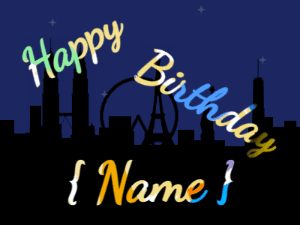 Happy Birthday GIF:City fireworks of hearts. Fonts block & block, & a party colors texture