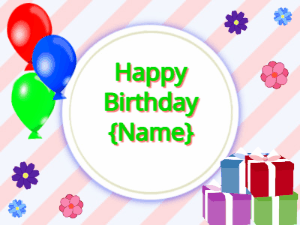 Happy Birthday GIF:mix colors Balloons, mix colors gift boxes, green text