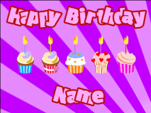 Happy Birthday GIF:Cupcakes for Birthday,purple sunburst background,purple & red text