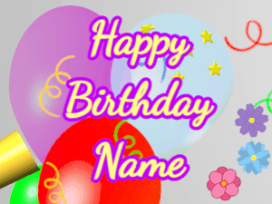 Happy Birthday GIF:Horn, confetti, balloon, cursive, yellow, purple
