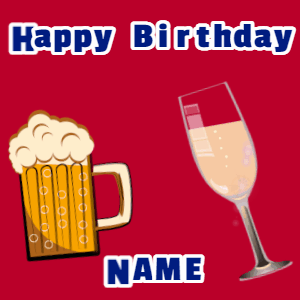 Happy Birthday GIF:Birthday gif, mug & champagne, stars fireworks, block text on red