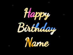 Happy Birthday GIF:heart fireworks,meteor, cursive font, party colors animation