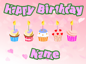 Happy Birthday GIF:Cupcakes for Birthday,pink hearts background,purple & green text
