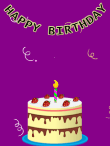 Happy Birthday GIF:Birthday GIF,cream cake,purple background,stars & confetti