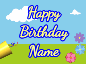 Happy Birthday GIF:Horn, noodles, meadow, cursive, yellow, blue