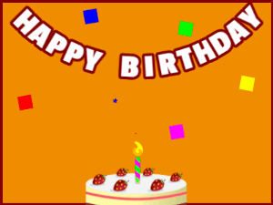 Happy Birthday GIF:A cream cake on orange with red border & falling stars