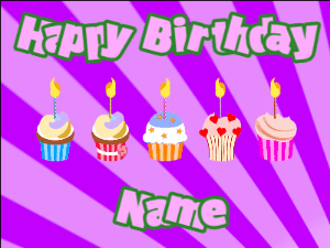 Happy Birthday GIF:Cupcakes for Birthday,purple sunburst background,purple & green text