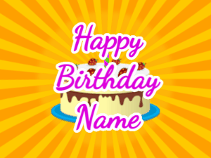 Happy Birthday GIF:yellow sunburst,cream cake, purple text