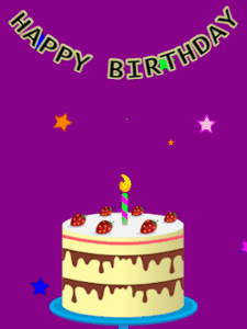 Happy Birthday GIF:Birthday GIF,cream cake,purple background,stars & stars