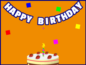 Happy Birthday GIF:A cream cake on orange with blue border & falling squares